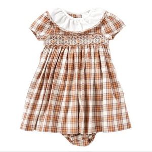 Edgehill Collection Smocked Plaid Peterpan Collar Short Sleeve A-Line Dress.